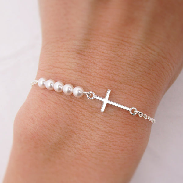 Pearl and Cross Bracelet - Sterling Silver