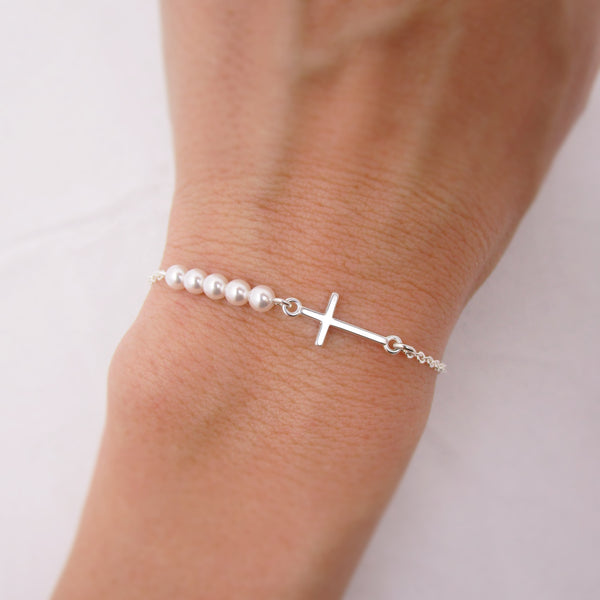 Pearl and Cross Bracelet - Sterling Silver