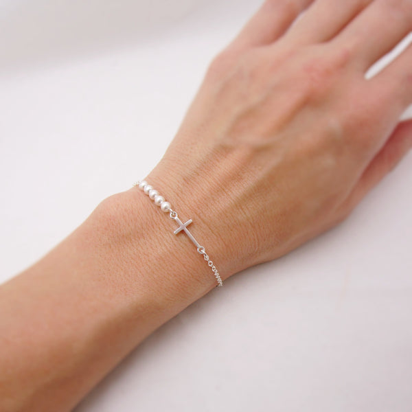 Pearl and Cross Bracelet - Sterling Silver