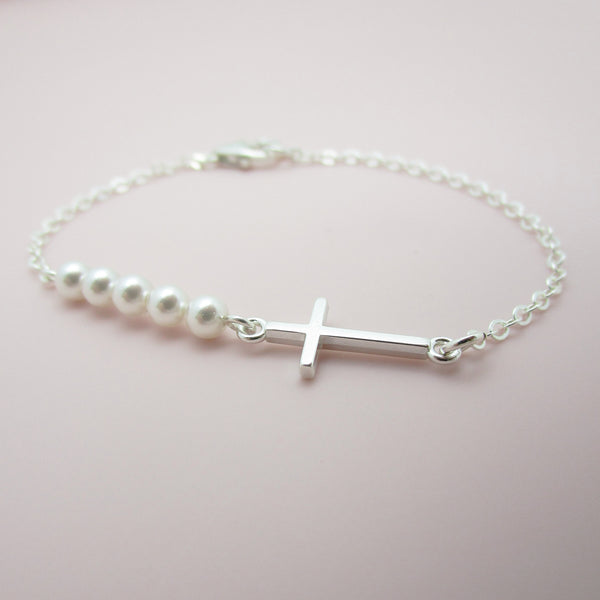 Pearl and Cross Bracelet - Sterling Silver