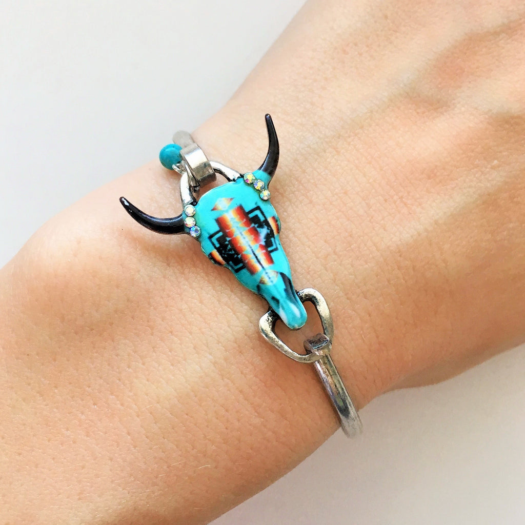 Cow Skull Bracelet with Real Turquoise - Silver