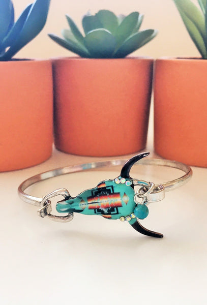 Cow Skull Bracelet with Real Turquoise - Silver