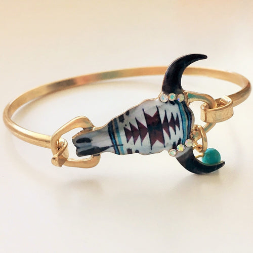 Cow Skull Bracelet with Real Turquoise - Gold