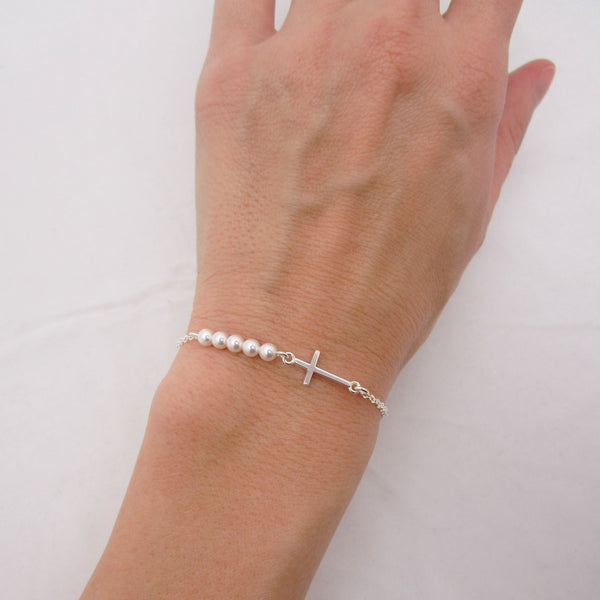 Pearl and Cross Bracelet - Sterling Silver