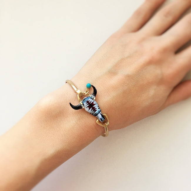 Cow Skull Bracelet with Real Turquoise - Gold