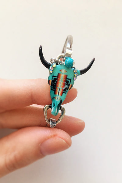 Cow Skull Bracelet with Real Turquoise - Silver